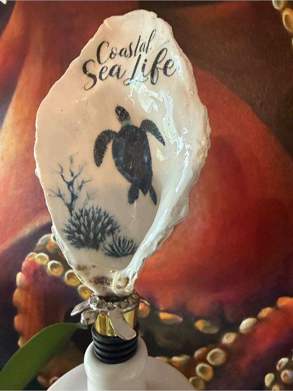 Coastal Sea Life Turtle Decorative Shell Art wine stopper - White